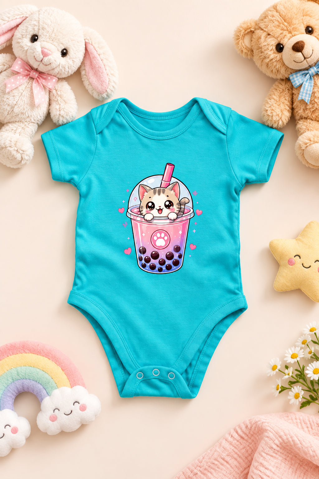 Adorable baby cartoon romper made from soft cotton with a cute playful print for comfortable everyday wear.