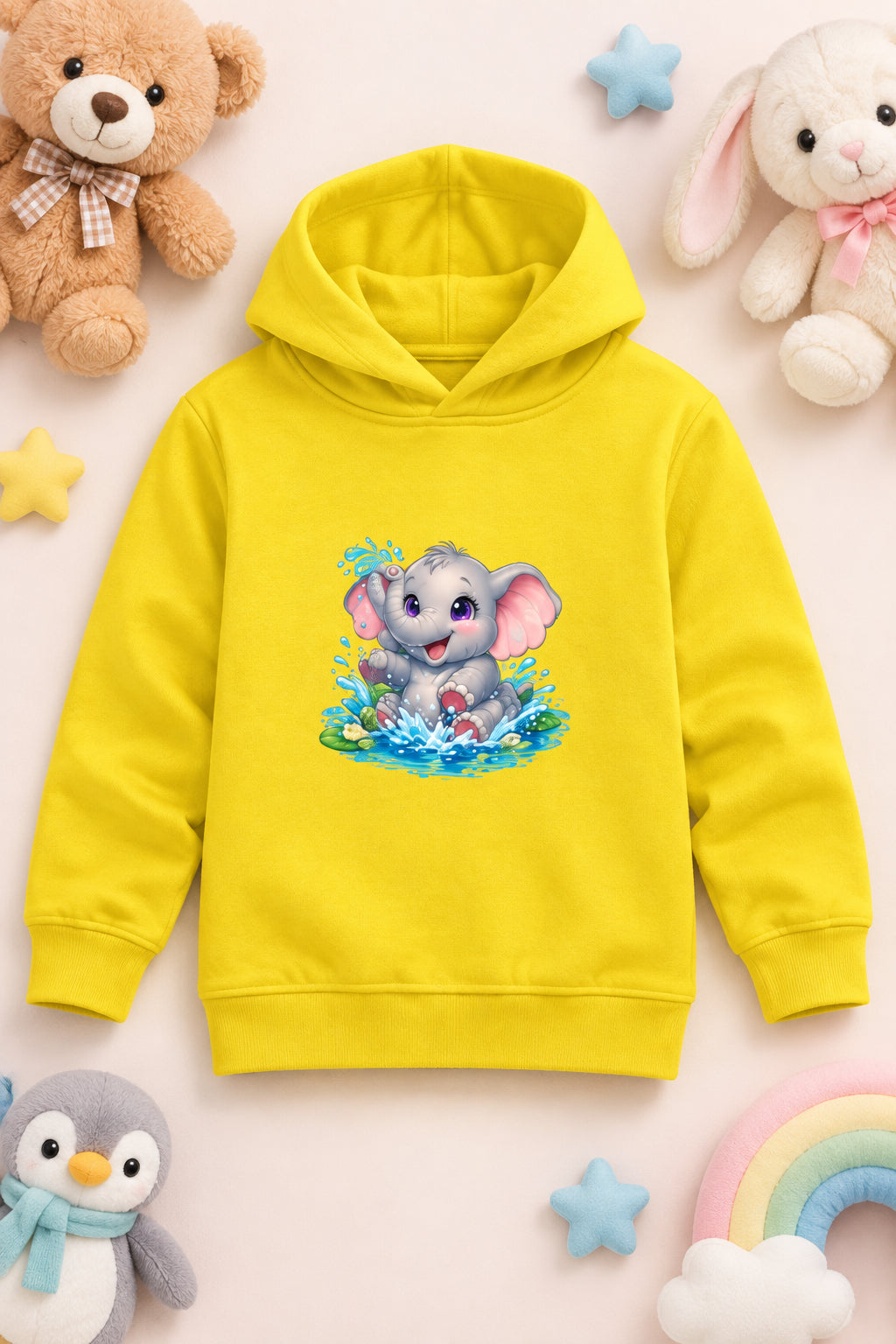 Cute elephant print on a cozy cotton kids' pullover hoodie, featuring an adorable cartoon elephant design with a soft, playful look.