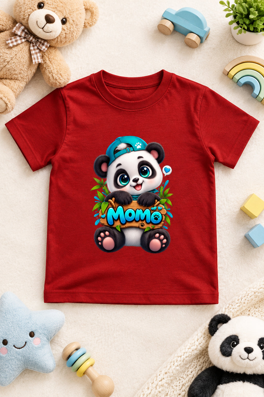 Momo Panda Boy's Crew Neck T-shirt with Cute Cartoon Panda Print