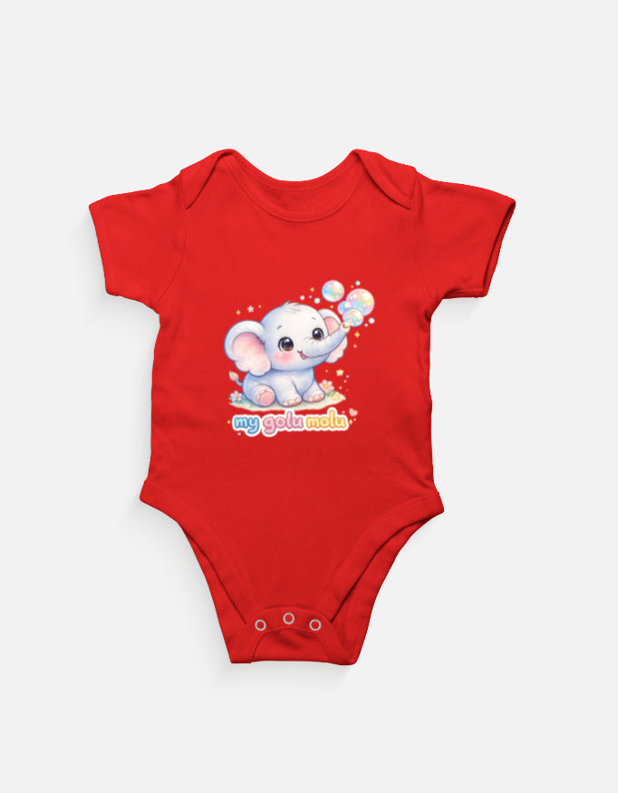 Cute Baby Elephant Cartoon Romper Red Front View – ToonVerze Baby Bodysuit