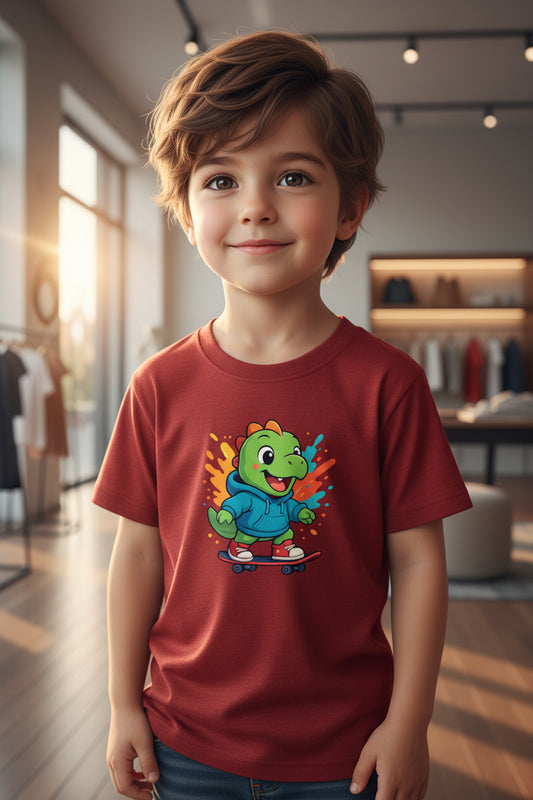 Skateboard Dino Cartoon T-Shirt Red Front View – ToonVerze Kids Tee
