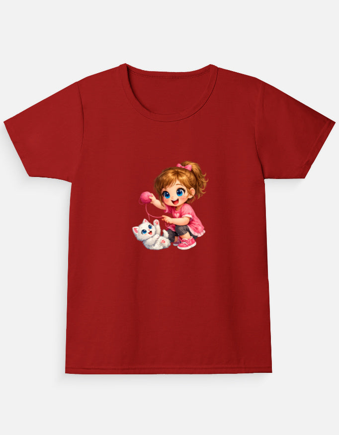 Cute Kitty Girl Cartoon T-Shirt Essentials Red Front View – ToonVerze Kids Tee