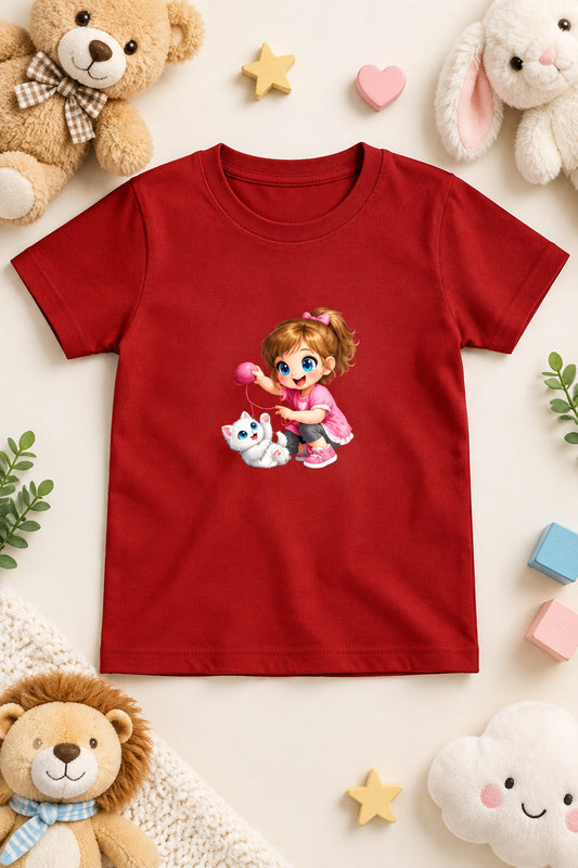 Cute Kitty Girl Cartoon T-Shirt Essentials Red Front View – ToonVerze Kids Tee