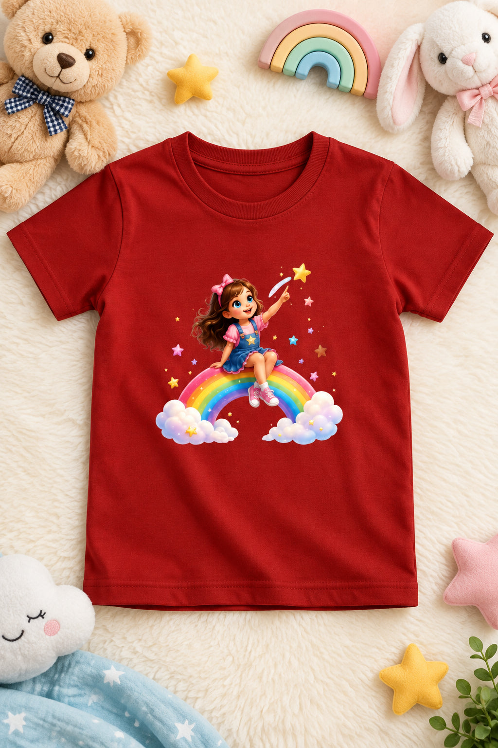 Rainbow Girl Cartoon T-Shirt Red Front View – ToonVerze Kids Tee