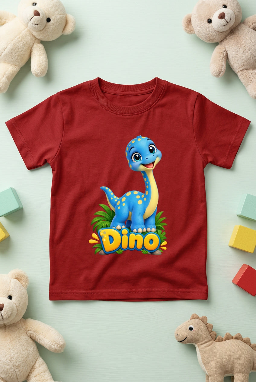 Cute baby dinosaur graphic on a boy’s crew neck T-shirt, featuring an adorable and playful dinosaur design.