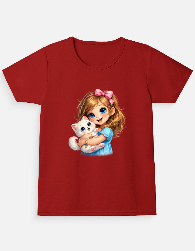 Cute Kitty Girl Cartoon T-Shirt Red Front View – ToonVerze Kids Tee