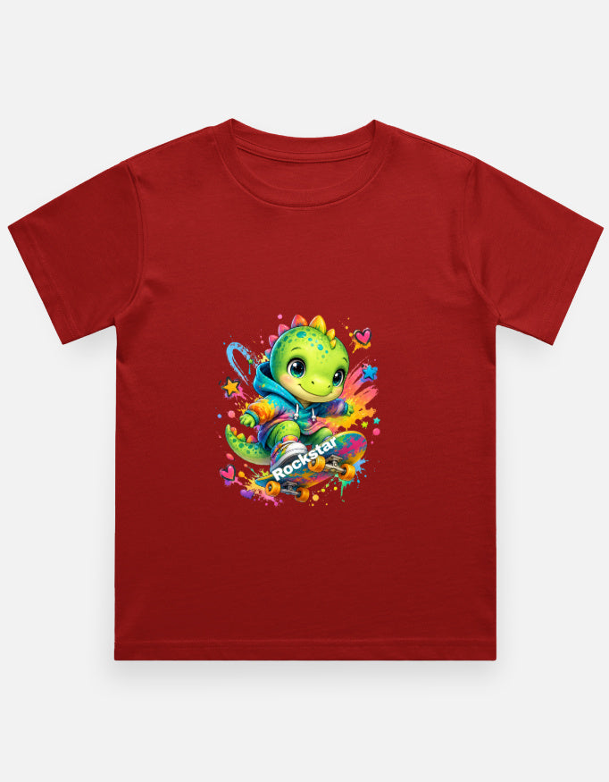 Rockstar Skateboard Dino Cartoon T-Shirt Red Front View – ToonVerze Kids Tee