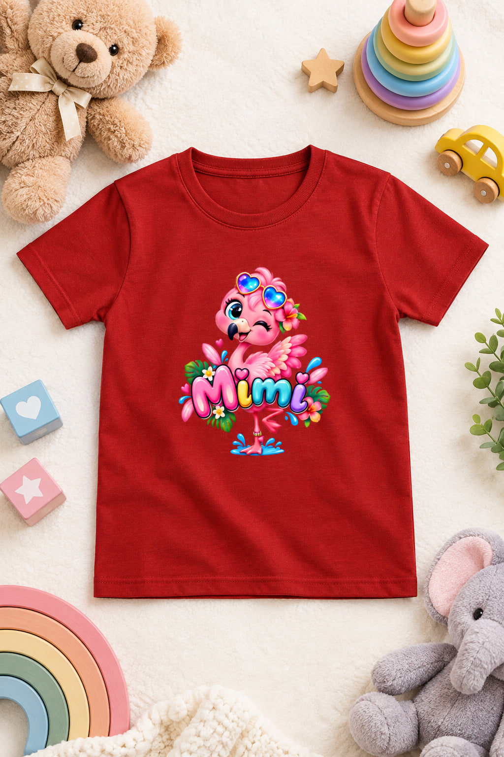 Girl's crew neck T-shirt featuring a cute pink flamingo print