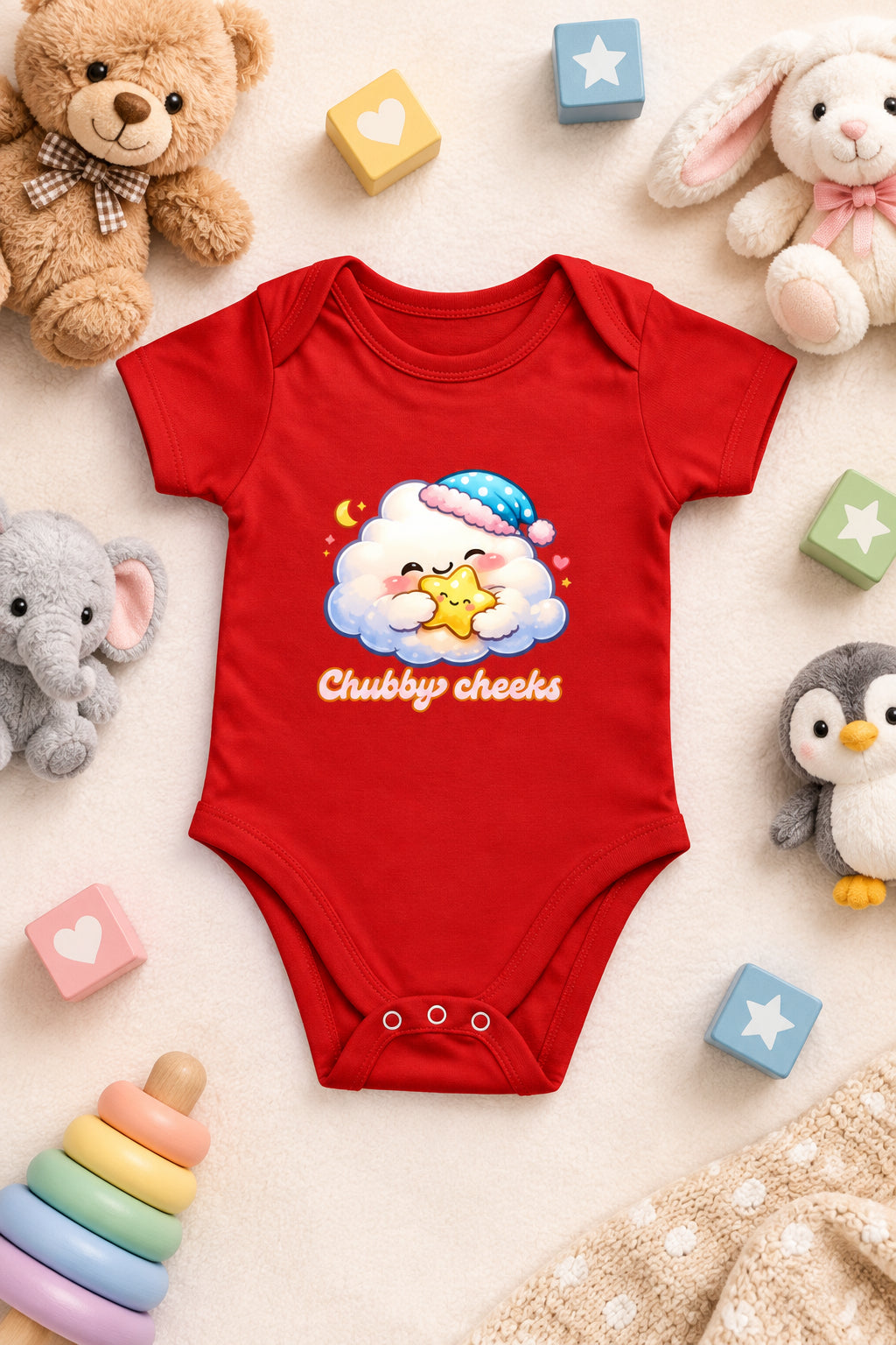 Cloud Cartoon Baby Romper Red Front View – ToonVerze Baby Bodysuit