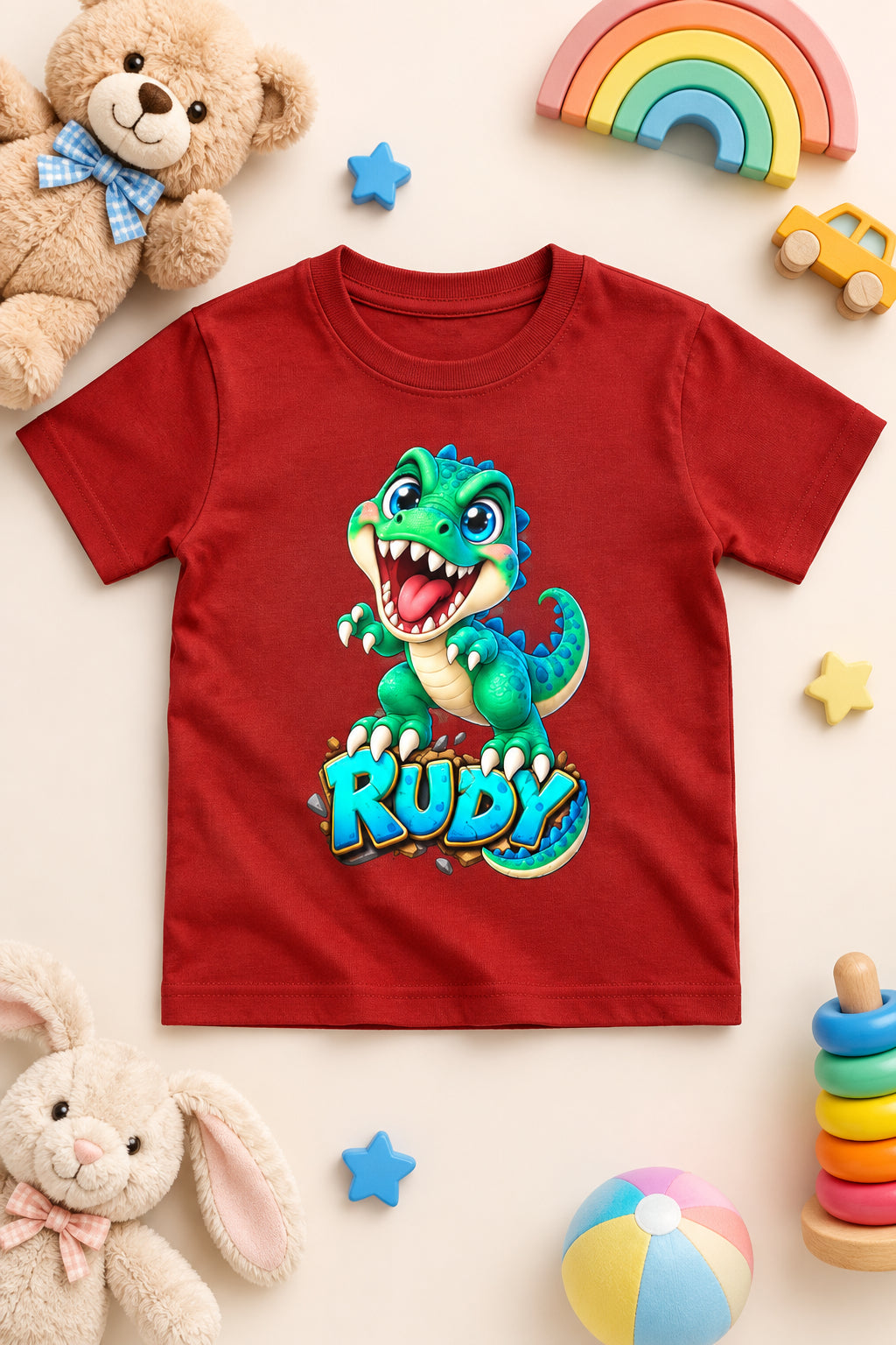 Rudy Dino boys' crew neck T-shirt featuring a cute cartoon dinosaur design.