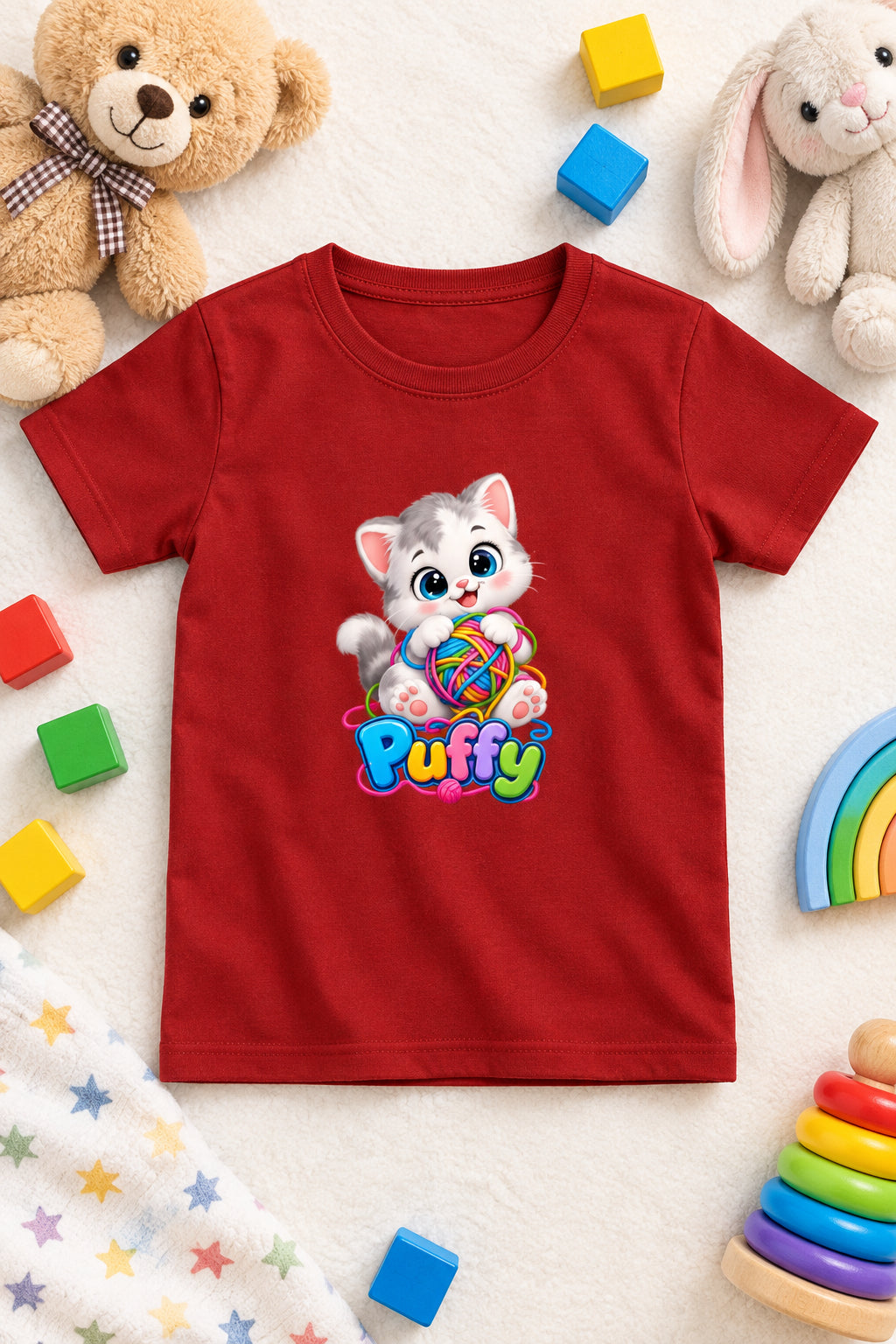 Girl's crew neck T-shirt featuring a cute and adorable kitten print on the front