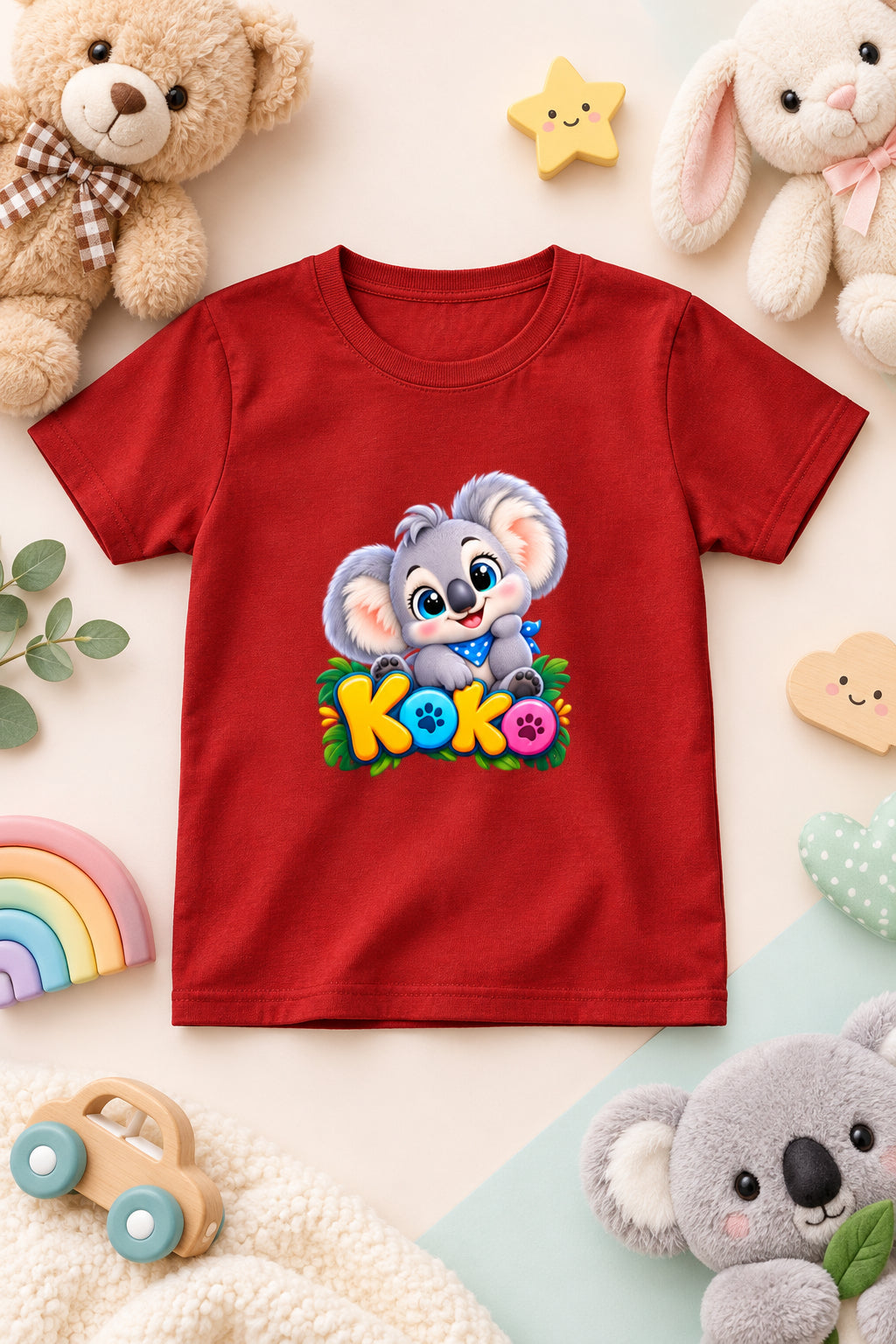 Girl’s crew neck T-shirt with a cute koala print, featuring a playful design for kids.