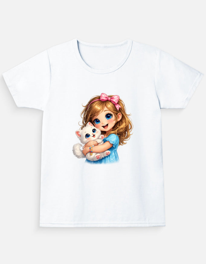 Cute Kitty Girl Cartoon T-Shirt White Front View – ToonVerze Premium Kids Cotton Tee