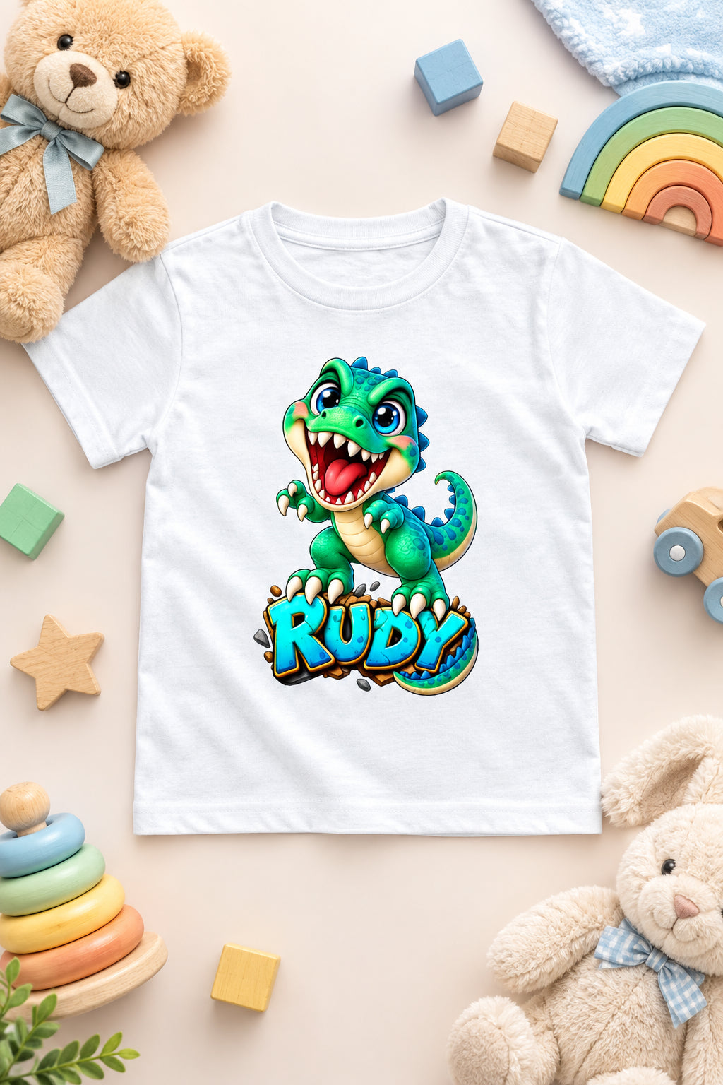 Rudy Dino boys' crew neck T-shirt featuring a cute cartoon dinosaur design