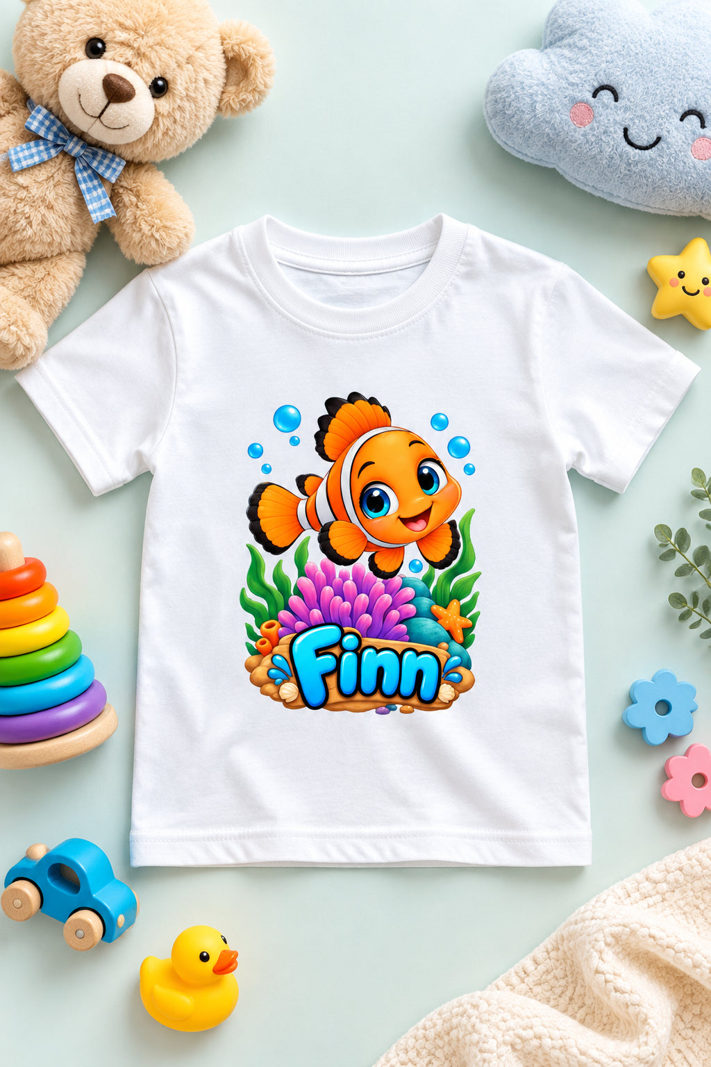 Finn the Friendly Fish boys' crew neck T-shirt featuring a cute cartoon fish design