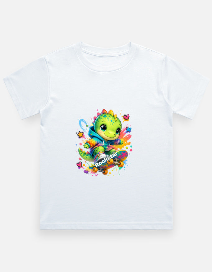 Rockstar Skateboard Dino Cartoon T-Shirt White Front View – ToonVerze Kids Cotton Tee