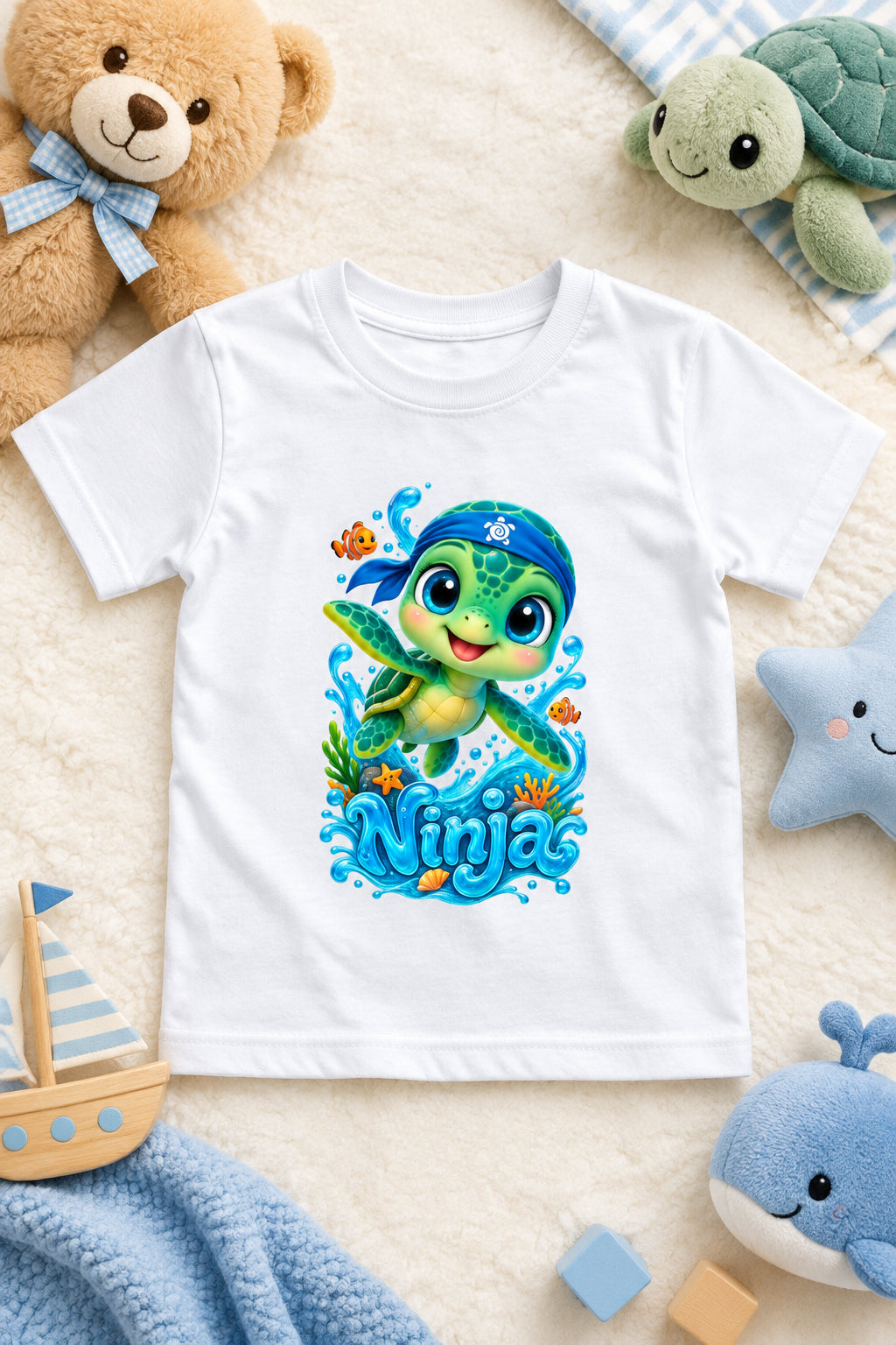 “Cute Turtle Boy’s crew neck T-shirt featuring a colorful Turtle character graphic.”