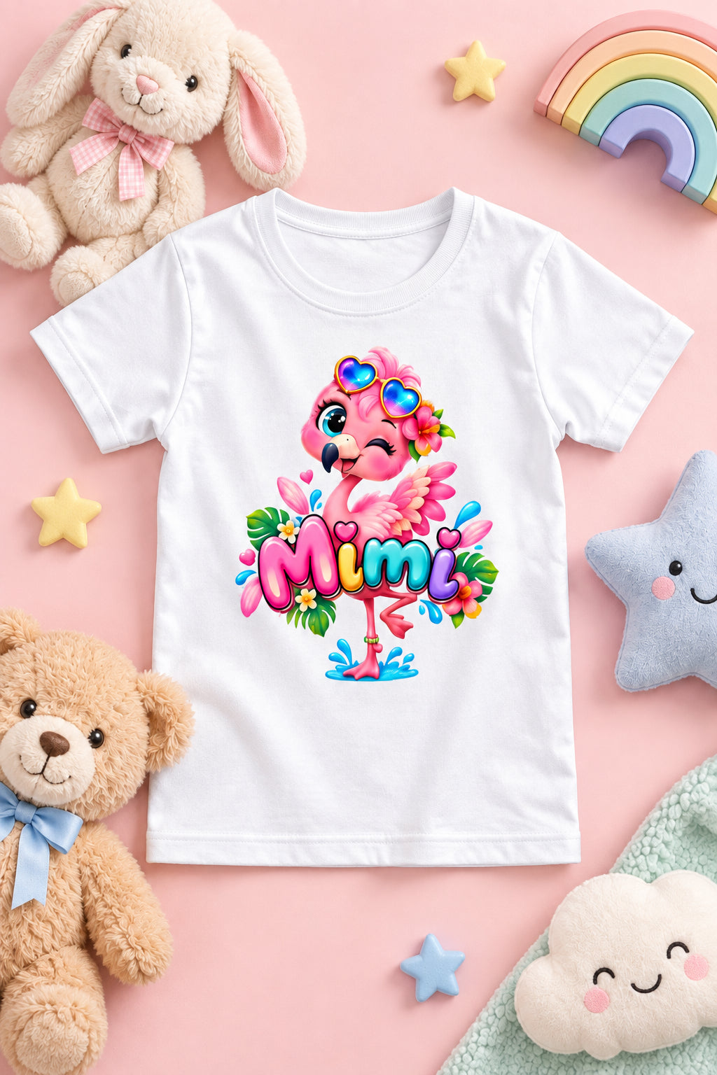Girl's crew neck T-shirt featuring a cute pink flamingo print
