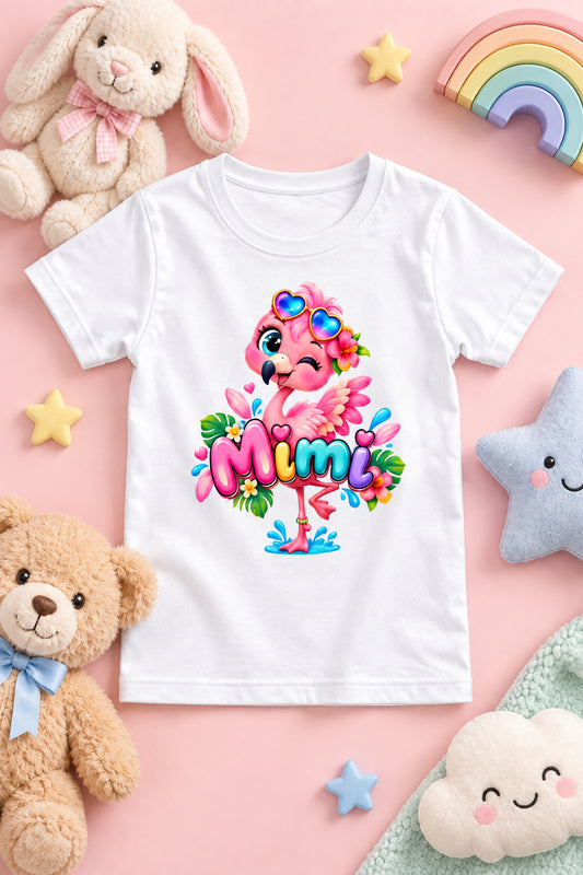 Girl's crew neck T-shirt featuring a cute pink flamingo print