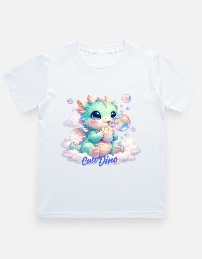 Cloud Bubble Dino Cartoon T-Shirt White Front View – ToonVerze Premium Kids Cotton Tee