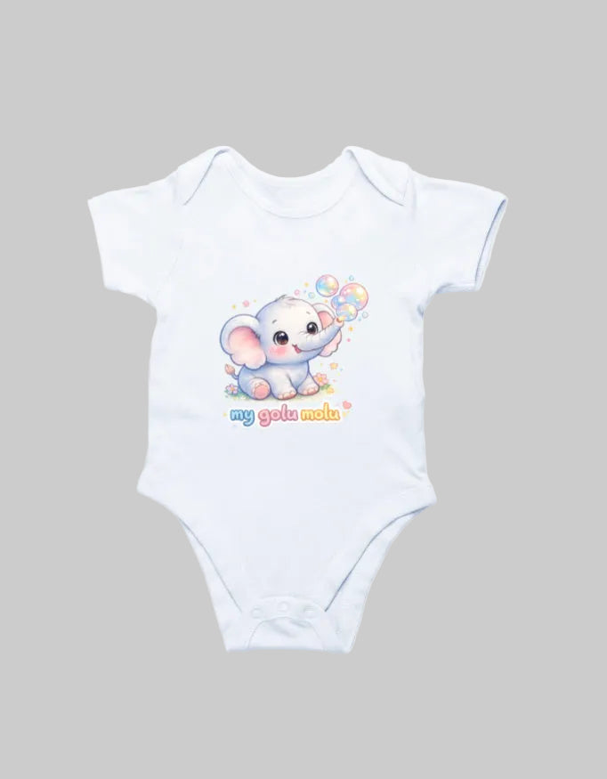 Cute Baby Elephant Cartoon Romper White Front View – ToonVerze Newborn Onesie