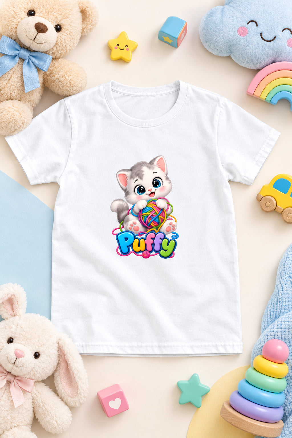 Girl's crew neck T-shirt featuring a cute and adorable kitten print on the front
