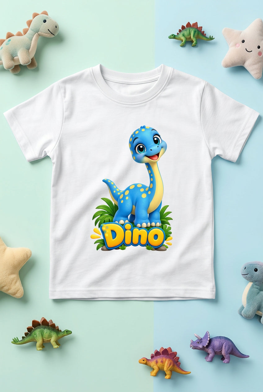 Cute baby dinosaur graphic on a boy’s crew neck T-shirt, featuring an adorable and playful dinosaur design.