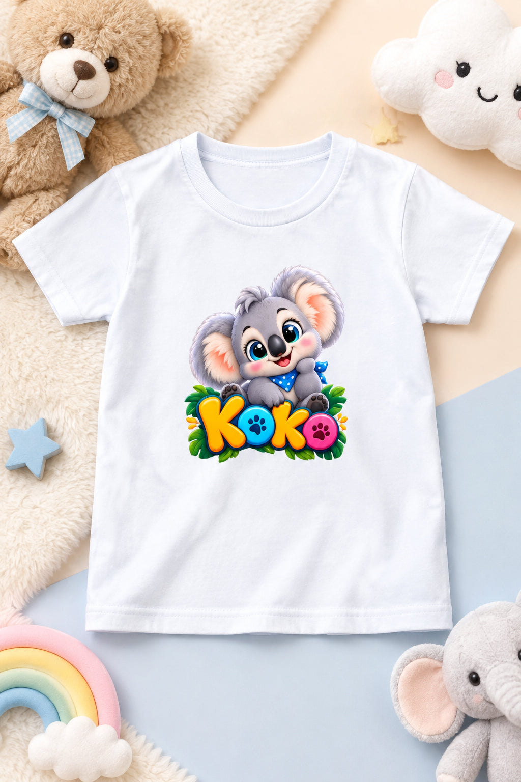 Girl’s crew neck T-shirt with a cute koala print, featuring a playful design for kids.