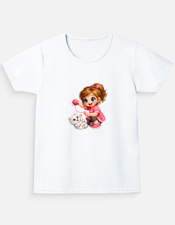 Cute Kitty Girl Cartoon T-Shirt Essentials White Front View – ToonVerze Kids Cotton Tee