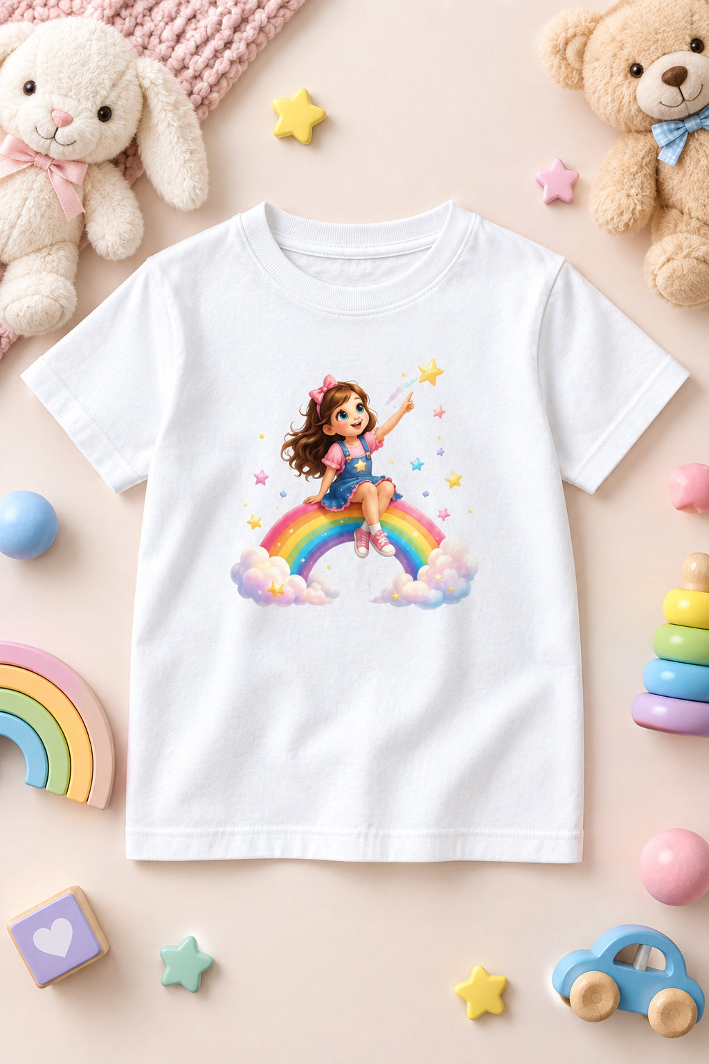 Rainbow Girl Cartoon T-Shirt White Front View – ToonVerze Premium Kids Cotton Tee