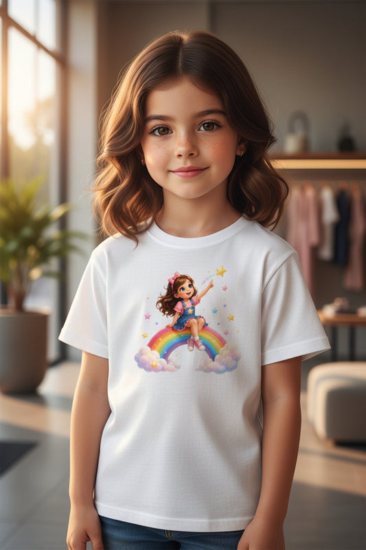Rainbow Girl Cartoon T-Shirt White Front View – ToonVerze Premium Kids Cotton Tee