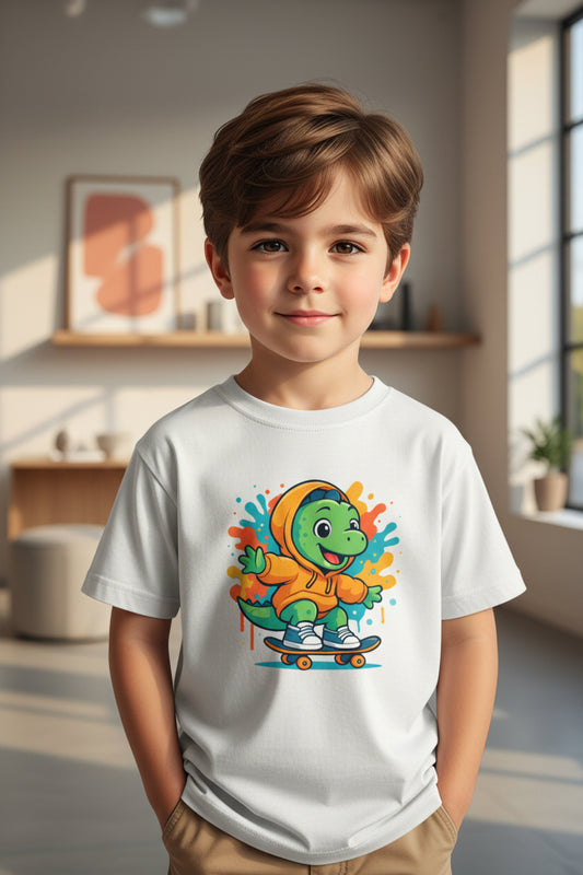 Skateboard Dino Cartoon T-Shirt Classic White Front View – ToonVerze Kids Cotton Tee