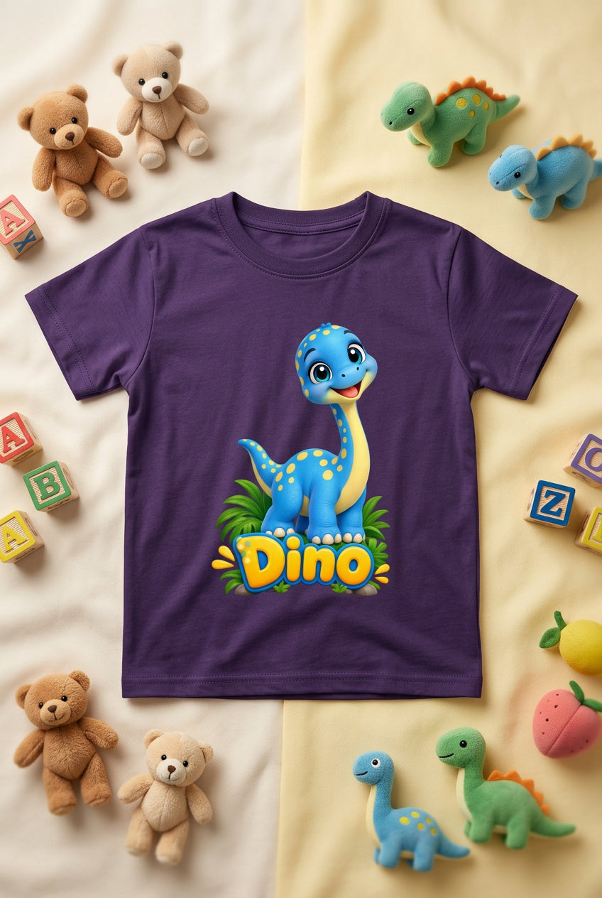 Cute baby dinosaur graphic on a boy’s crew neck T-shirt, featuring an adorable and playful dinosaur design.