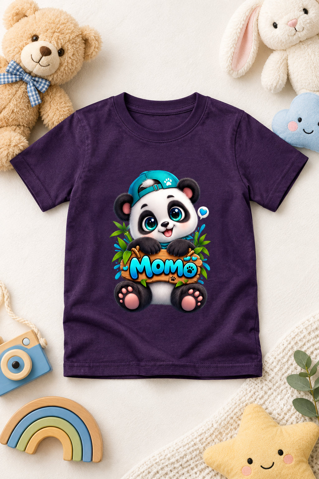 Momo Panda Boy's Crew Neck T-shirt with Cute Cartoon Panda Print