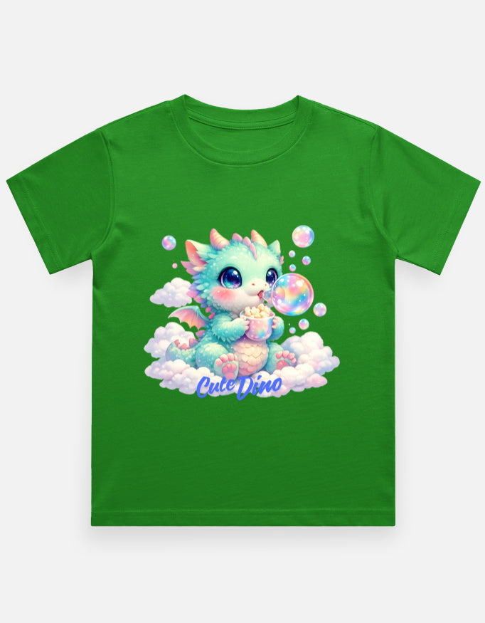 Cloud Bubble Dino Cartoon T-Shirt Yellow Front View – ToonVerze Kids Tee