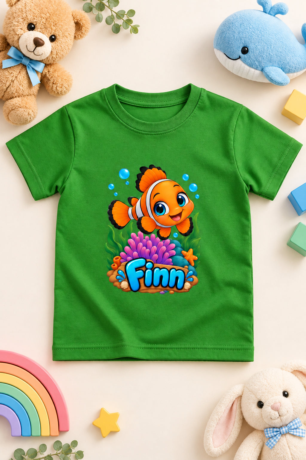 Finn the Friendly Fish boys' crew neck T-shirt featuring a cute cartoon fish design