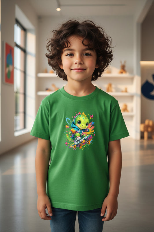 Rockstar Skateboard Dino Cartoon T-Shirt Yellow Front View – ToonVerze Kids Tee