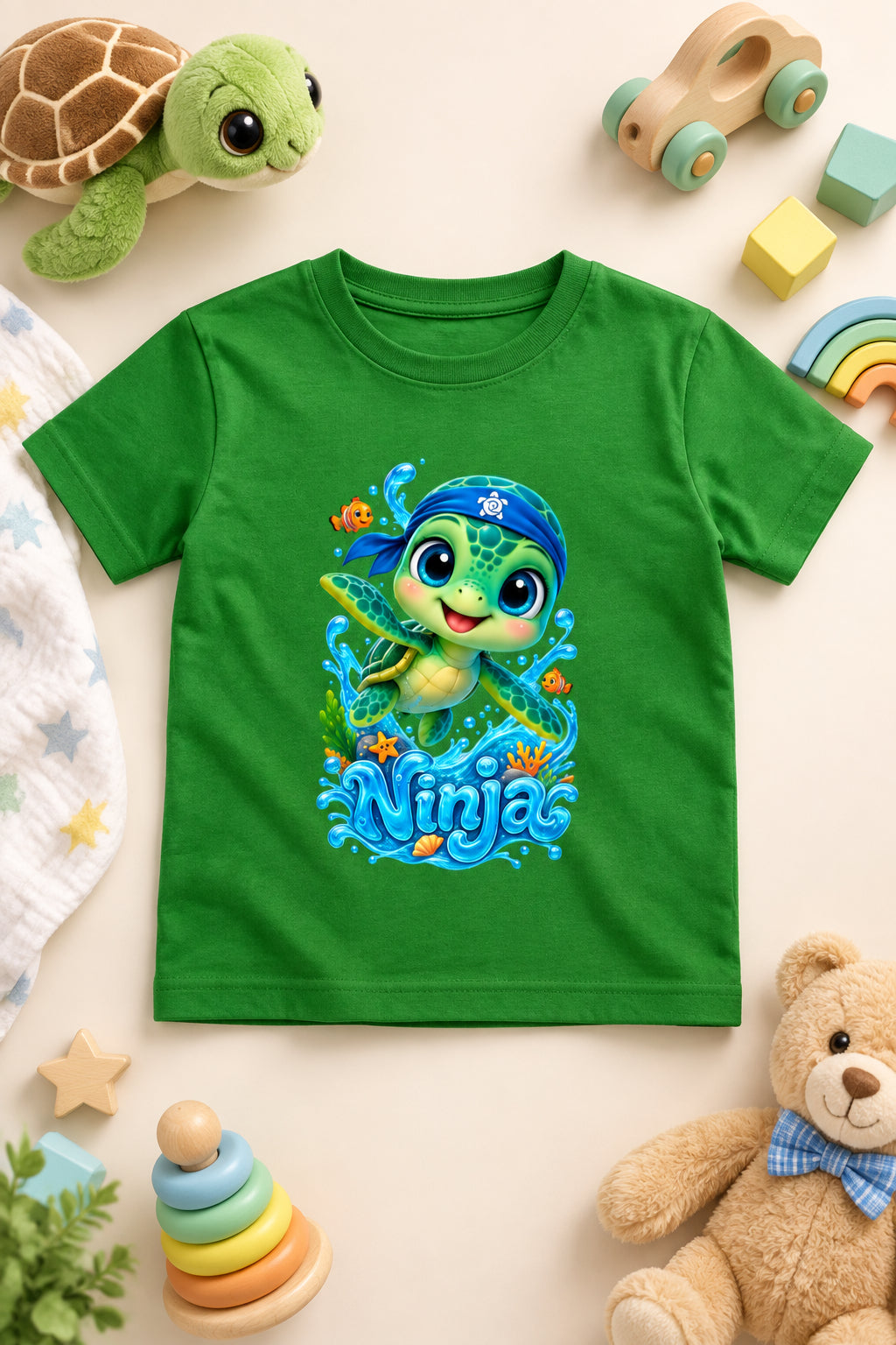 “Cute Turtle Boy’s crew neck T-shirt featuring a colorful Turtle character graphic.”