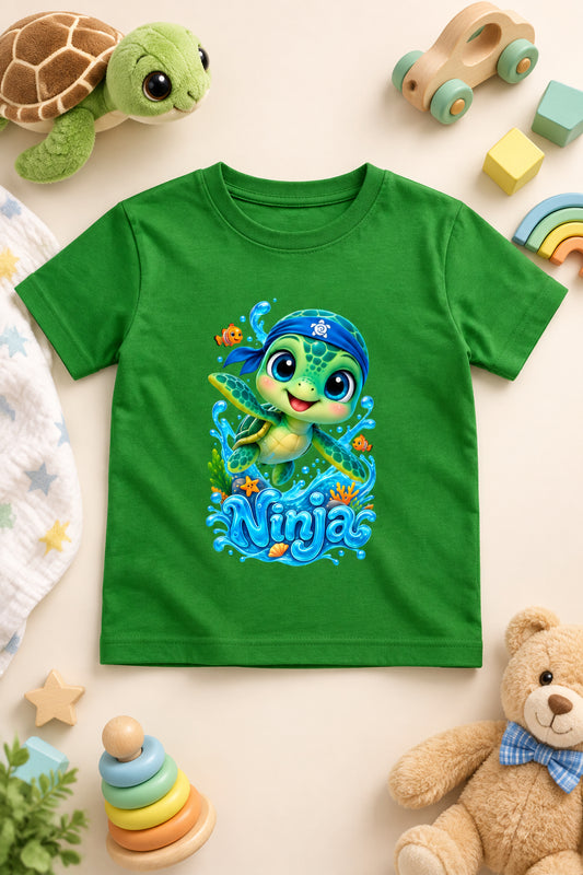 “Cute Turtle Boy’s crew neck T-shirt featuring a colorful Turtle character graphic.”