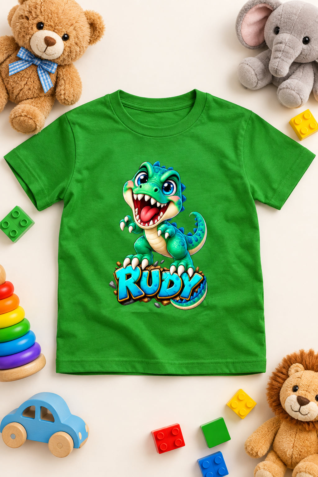 Rudy Dino boys' crew neck T-shirt featuring a cute cartoon dinosaur design.