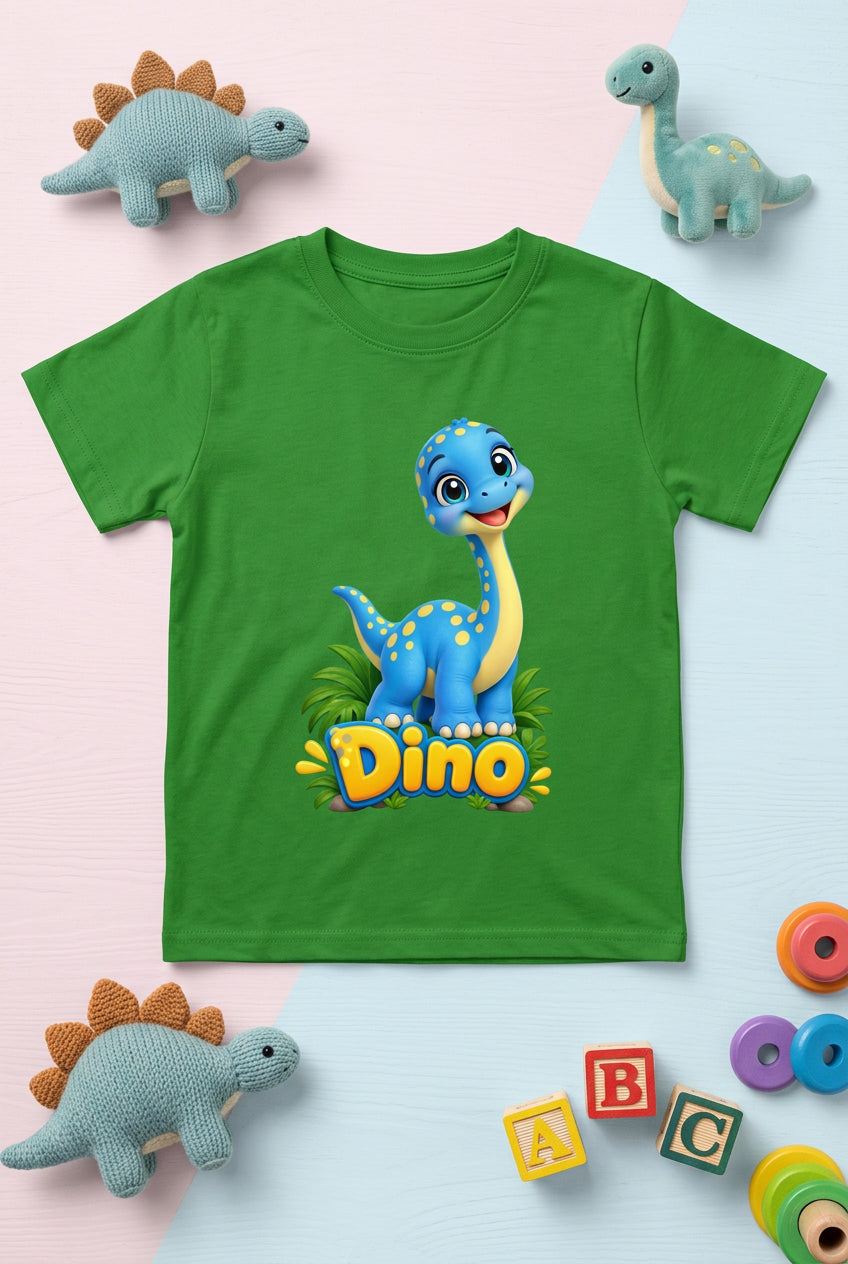 Cute baby dinosaur graphic on a boy’s crew neck T-shirt, featuring an adorable and playful dinosaur design.
