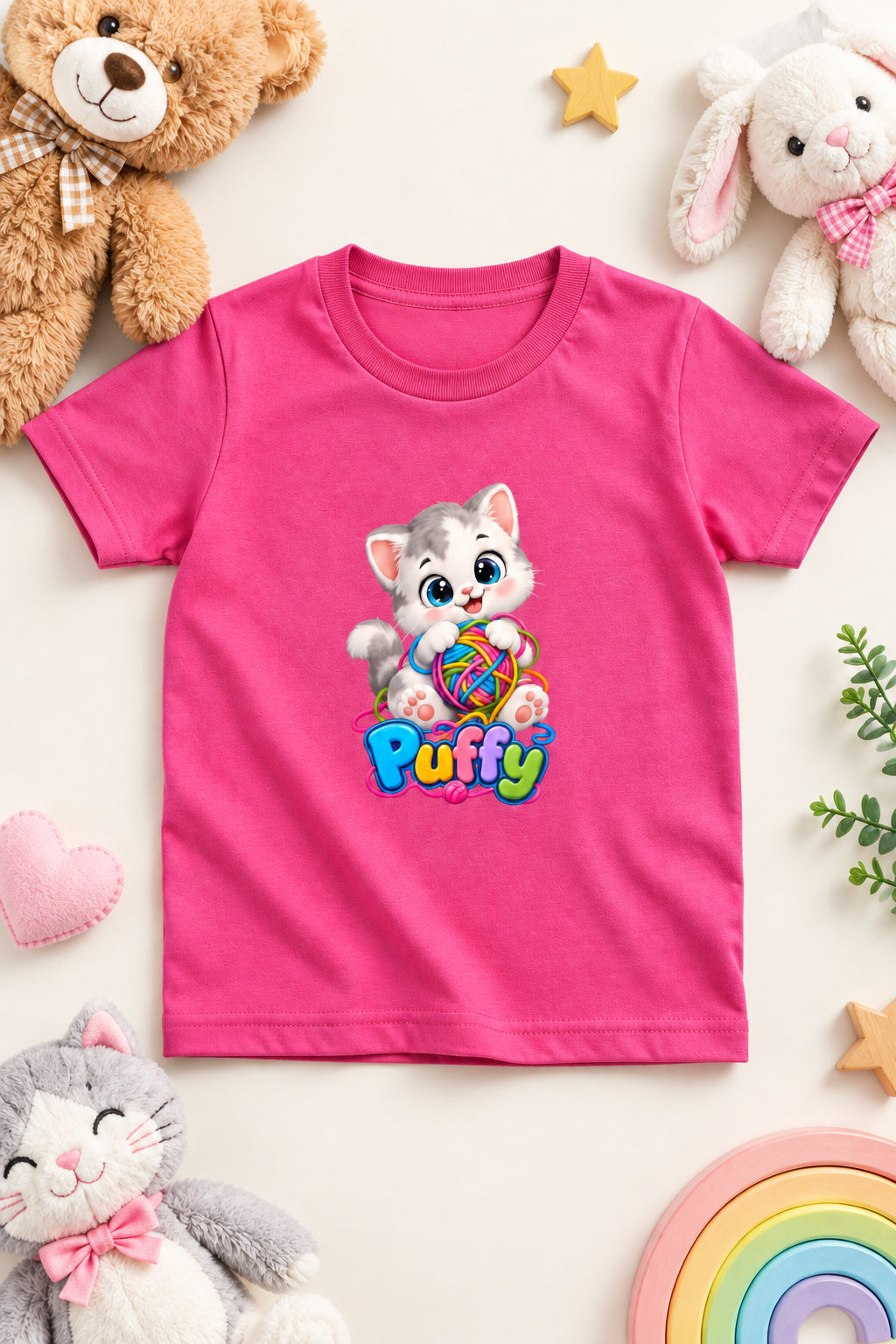 Girl's crew neck T-shirt featuring a cute and adorable kitten print on the front