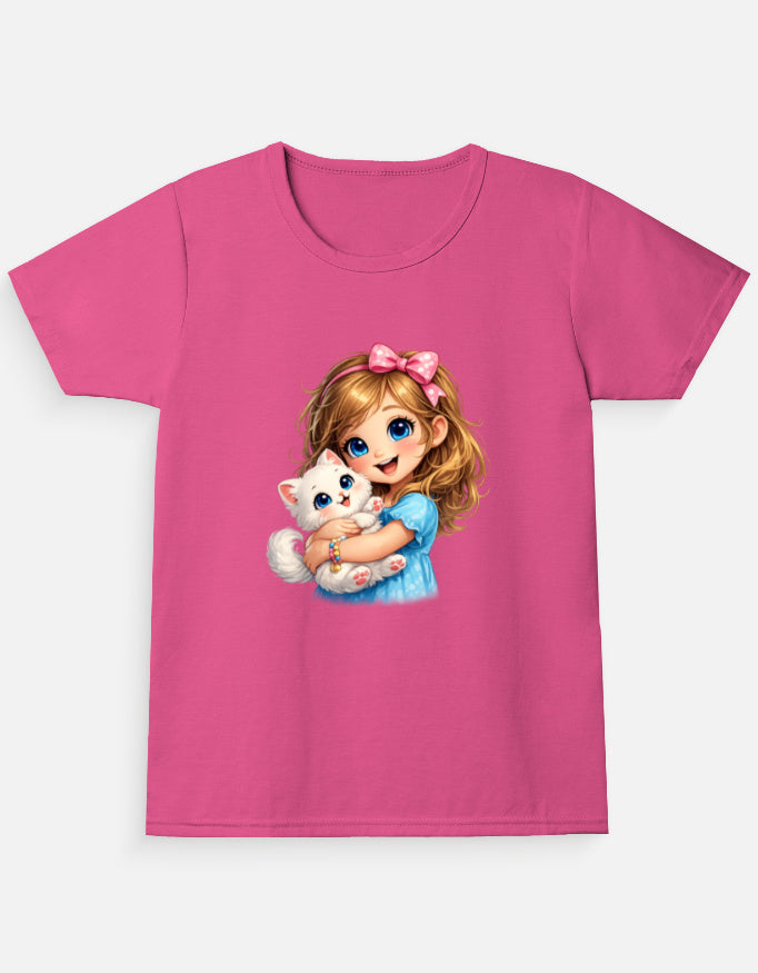 Cute Kitty Girl Cartoon T-Shirt Yellow Front View – ToonVerze Kids Tee
