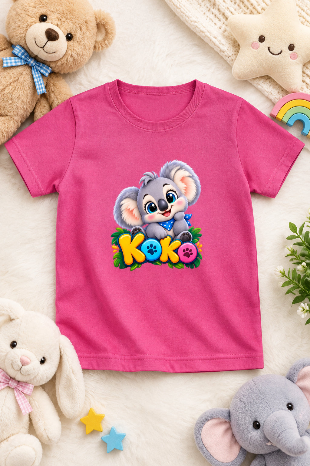 Girl’s crew neck T-shirt with a cute koala print, featuring a playful design for kids.