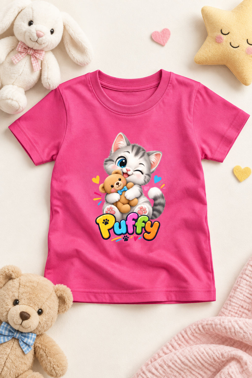 Toonverze Girl's Crew Neck T-Shirt with Cute Kitten Print