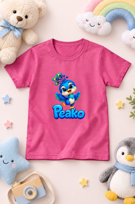 Girl's crew neck T-shirt featuring a colorful peacock print.