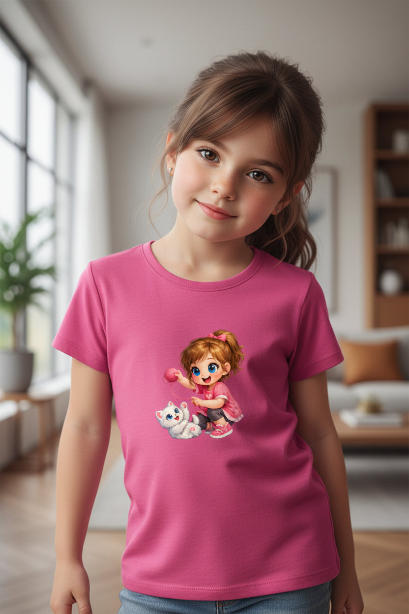 Cute Kitty Girl Cartoon T-Shirt Essentials Yellow Front View – ToonVerze Kids Tee