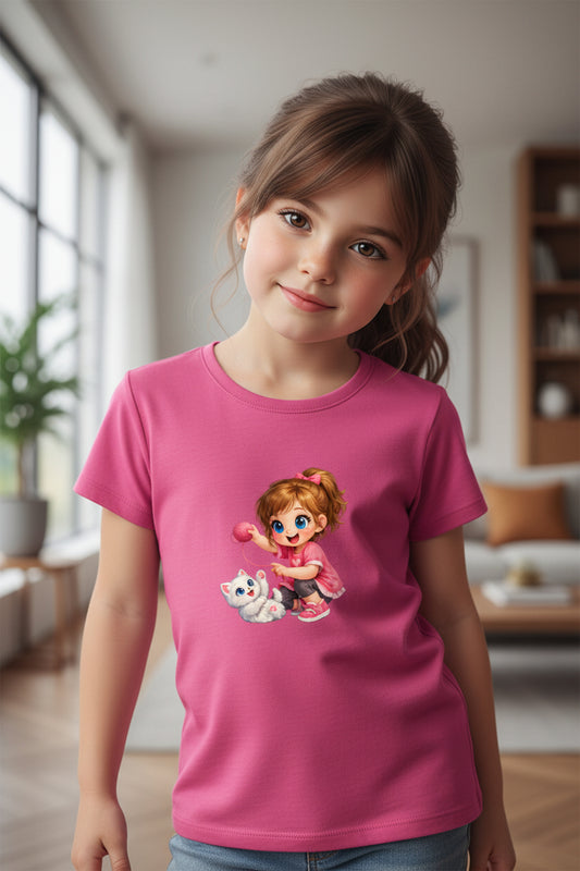 Cute Kitty Girl Cartoon T-Shirt Essentials Yellow Front View – ToonVerze Kids Tee