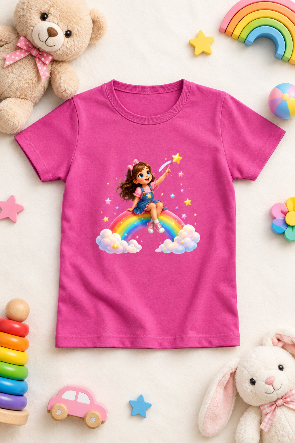 Rainbow Girl Cartoon T-Shirt Yellow Front View – ToonVerze Kids Tee