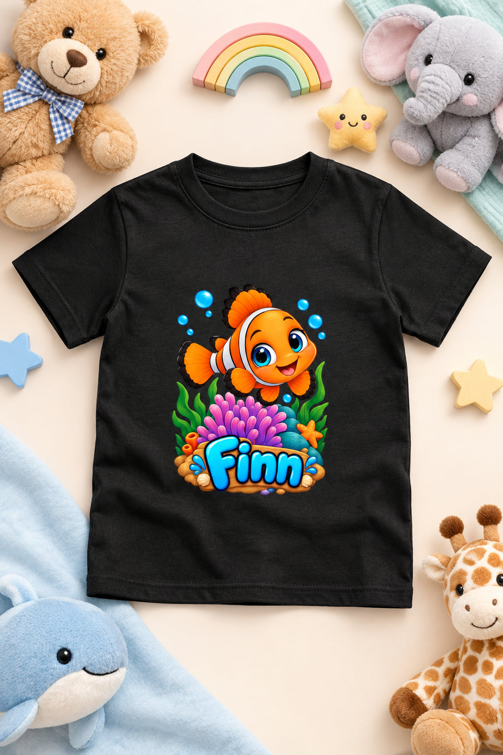 Finn the Friendly Fish boys' crew neck T-shirt featuring a cute cartoon fish design